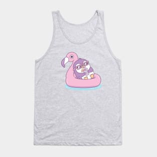 Cute Purple Penguin Chillin On Pink Flamingo Pool Float Tank Top